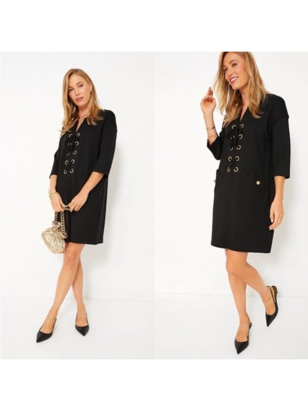 Tuckernuck Black Ellington Dress with 3/4 Sleeve Gold Tone Hardware Size XS